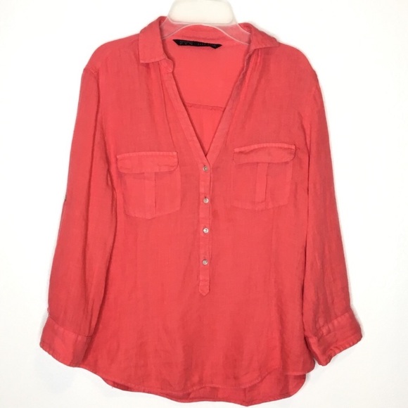 Zara Tops - Zara Basic Linen Popover LS Red Button Up ac324